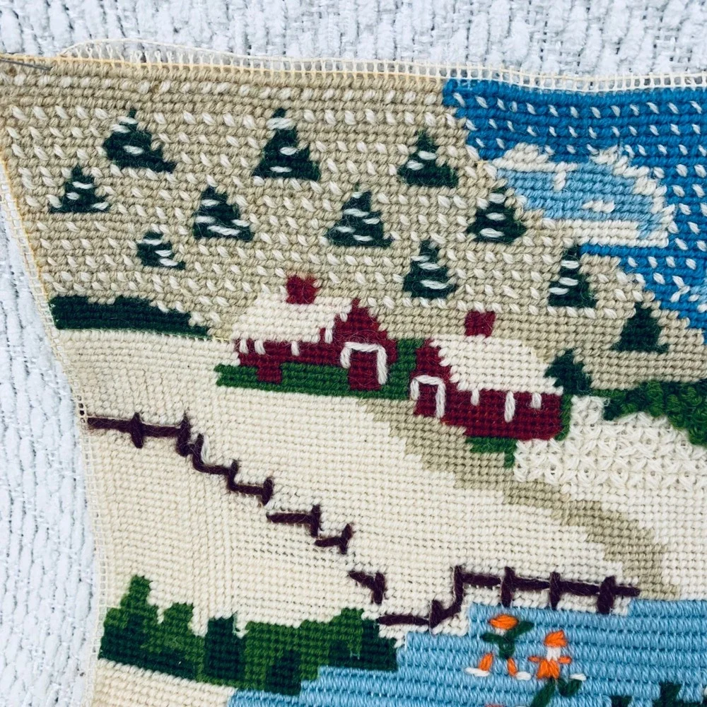 Handmade Needlepoint Winter Village Scene Farm Red Barn Snow Folk Art Tapestry